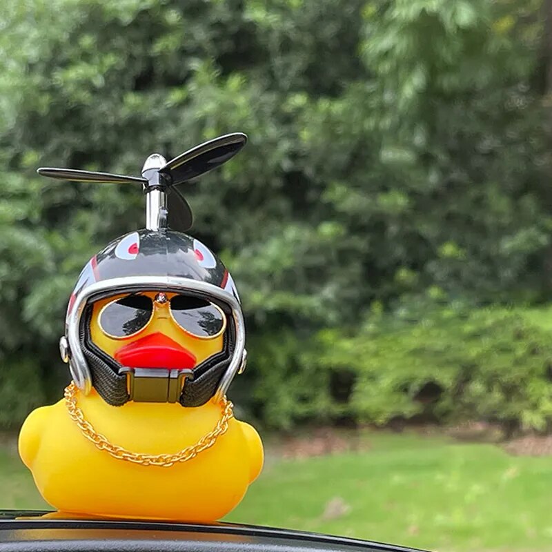 Cute Rubber Duck Car Decoration Funny Yellow Duck Car Ornaments Toys With Propeller Helmet Dashboard Decorations Car Accessory