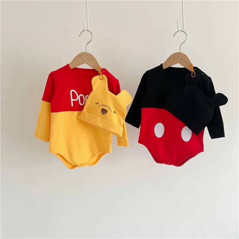 Spring Newborn Baby Rompers Sock Hat 3pcs Set Cartoon Mickey Mouse Pooh Boys Girls Jumpsuit Infant Costume Long Sleeve Bodysuits