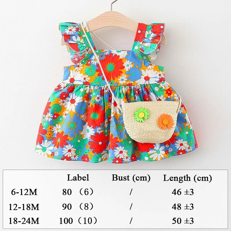 Summer Clothes Baby Girl Beach Dresses Casual Fashion Print Cute Bow Flower Princess Dress Newborn Clothing Set